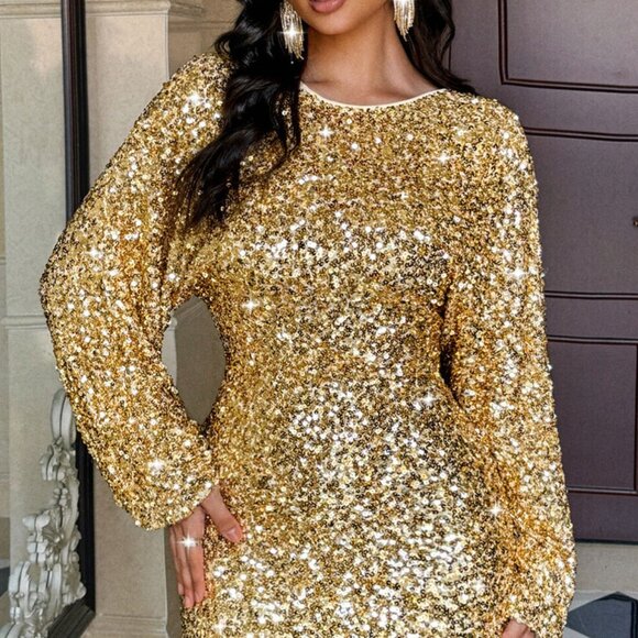 Sequin Long Sleeve Bodycon Mini Dress | New Mini Cocktail Dress w/ Round Neck - Picture 1 of 9